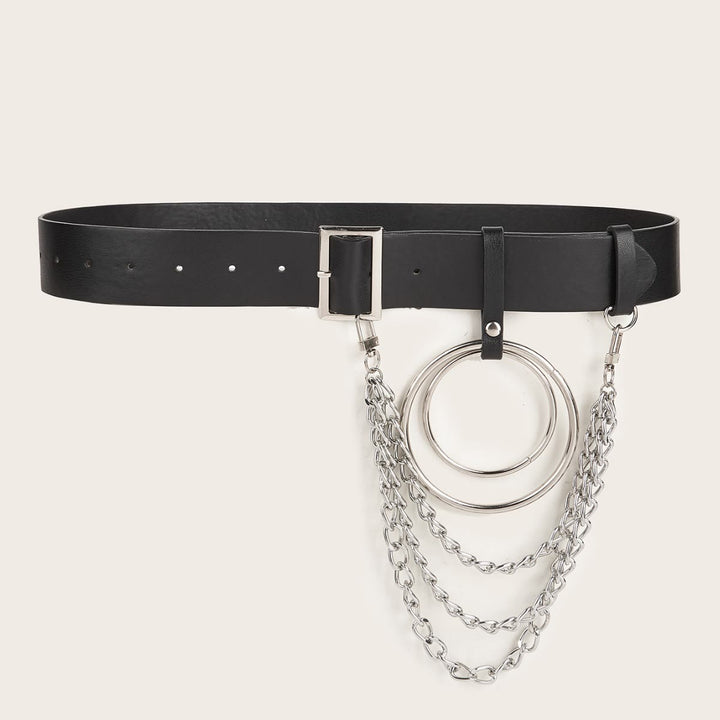Cintura in pelle punk con cintura a catena in metallo con anello rotondo