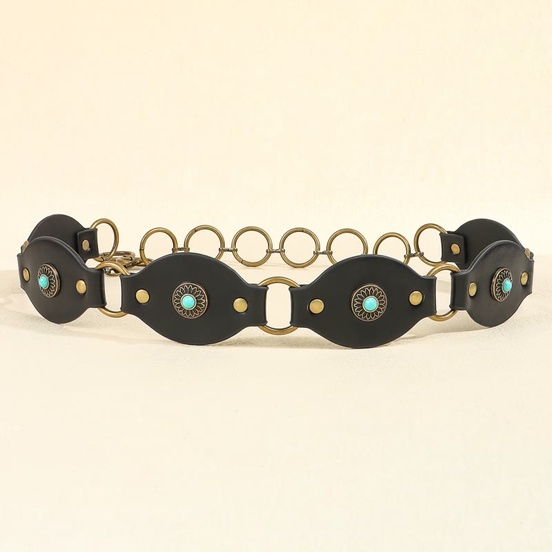 Cintura in pelle con fibbia in metallo e rivetti turchesi vintage