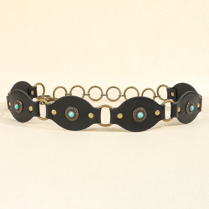 Cintura in pelle con fibbia in metallo e rivetti turchesi vintage