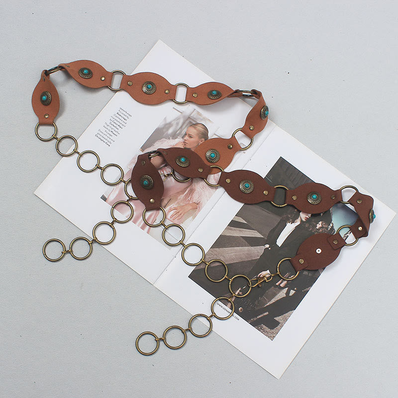 Cintura in pelle con fibbia in metallo e rivetti turchesi vintage