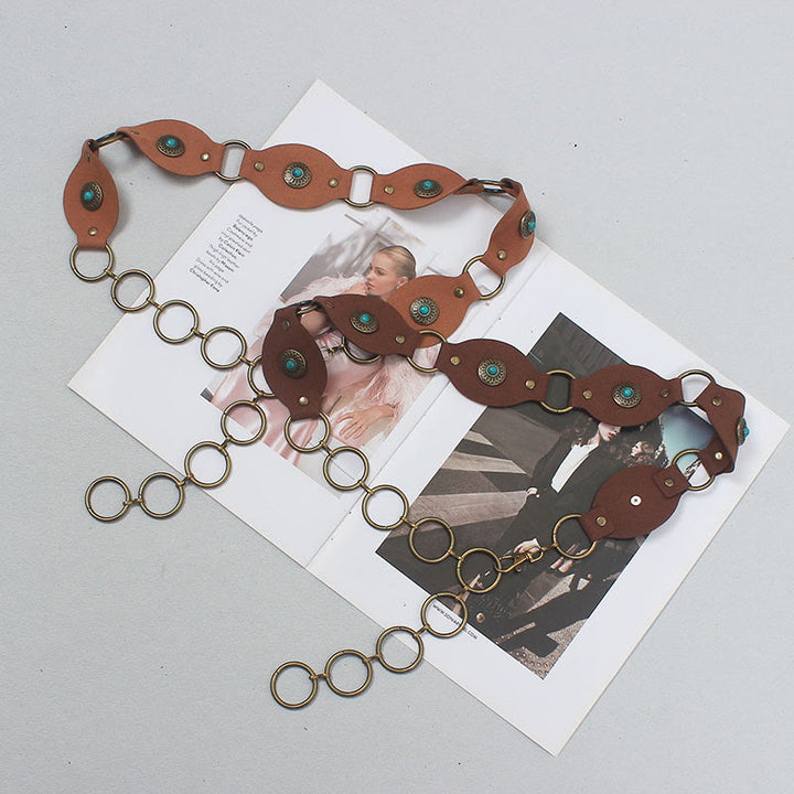 Cintura in pelle con fibbia in metallo e rivetti turchesi vintage