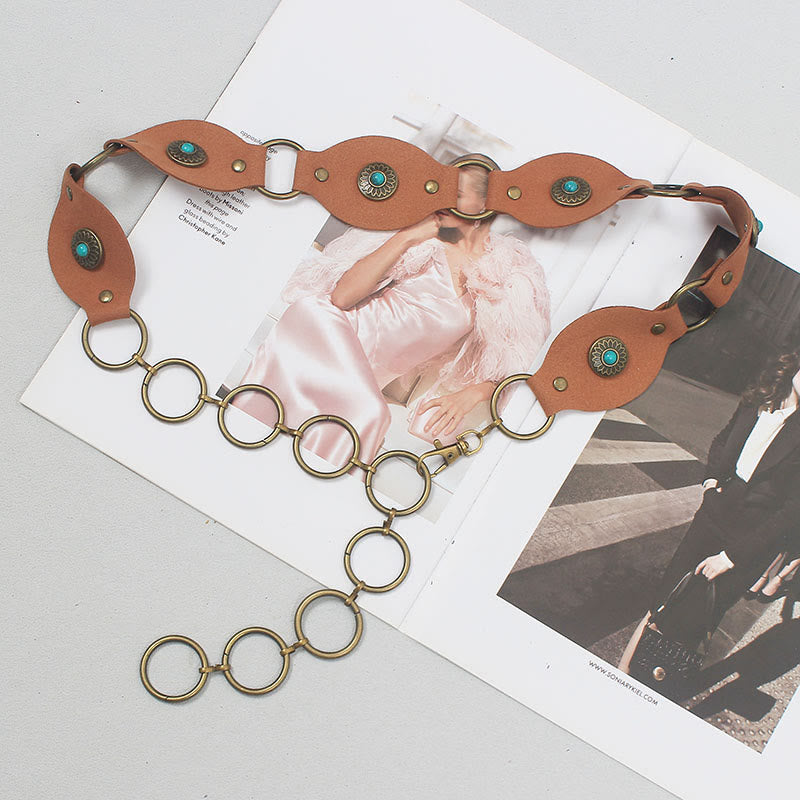 Cintura in pelle con fibbia in metallo e rivetti turchesi vintage