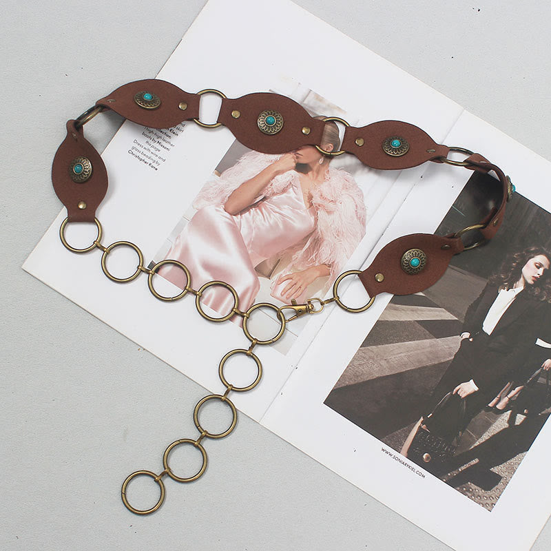 Cintura in pelle con fibbia in metallo e rivetti turchesi vintage