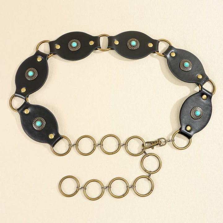 Cintura in pelle con fibbia in metallo e rivetti turchesi vintage