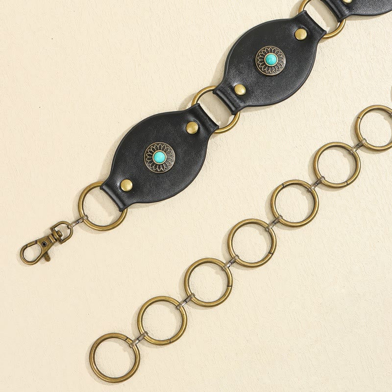 Cintura in pelle con fibbia in metallo e rivetti turchesi vintage