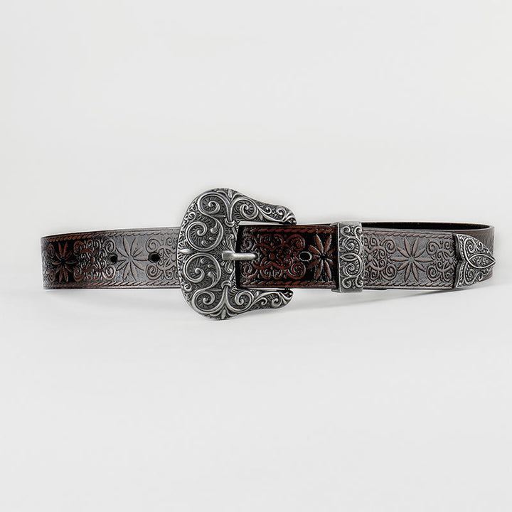 Cintura in pelle marrone con motivo floreale in rilievo da donna, stile western da cowgirl