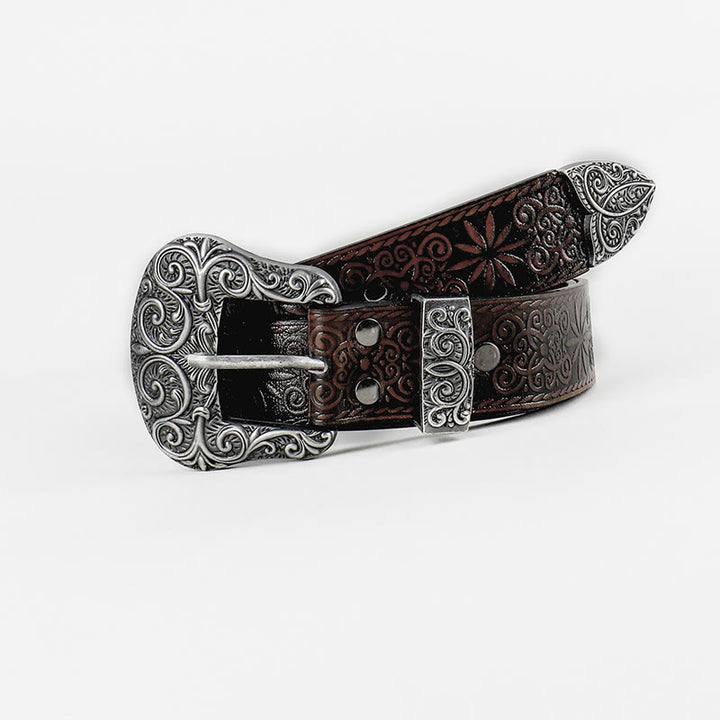 Cintura in pelle marrone con motivo floreale in rilievo da donna, stile western da cowgirl