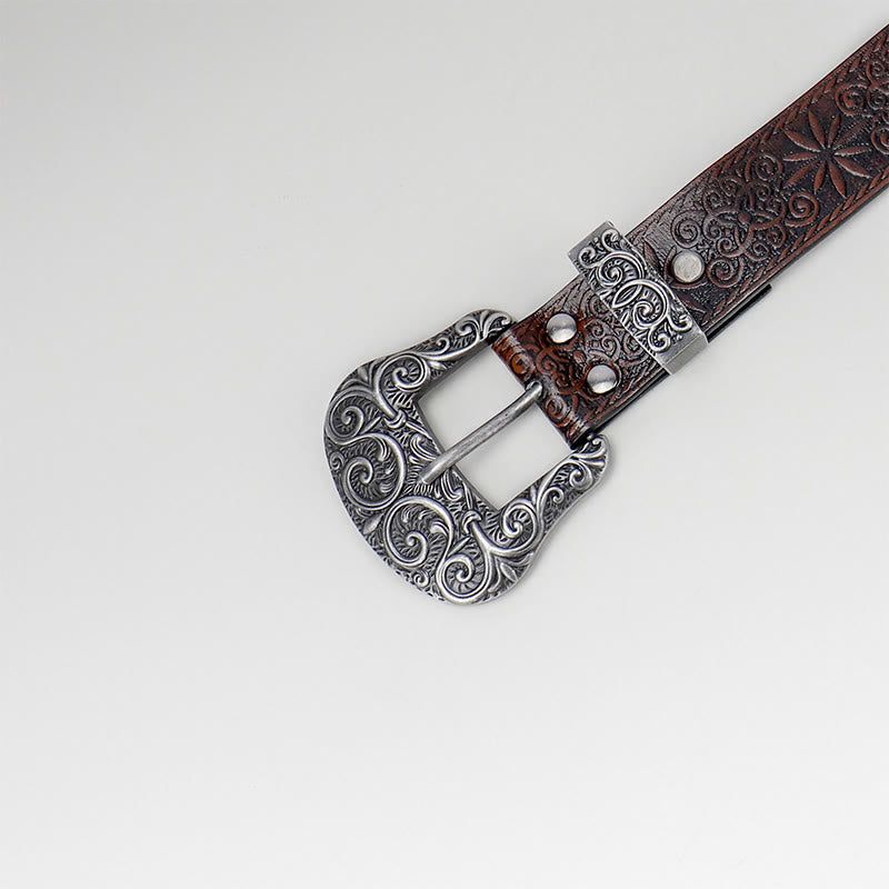 Cintura in pelle marrone con motivo floreale in rilievo da donna, stile western da cowgirl