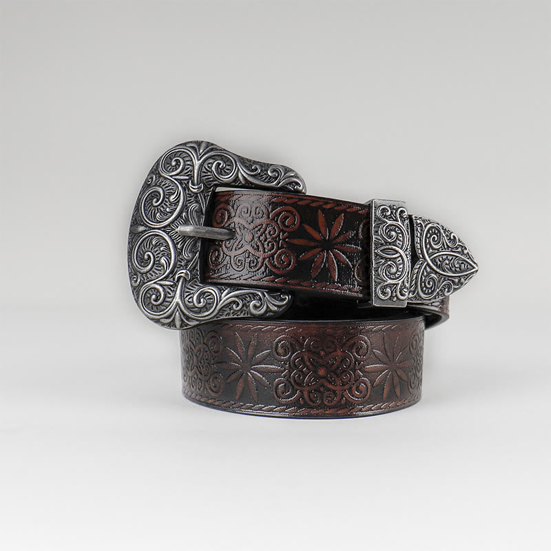 Cintura in pelle marrone con motivo floreale in rilievo da donna, stile western da cowgirl