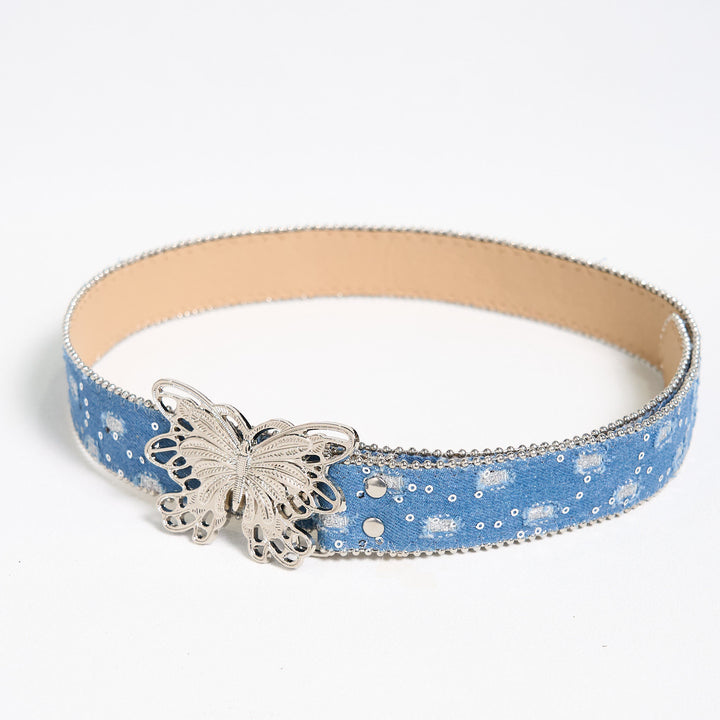 Cintura in pelle con fibbia a farfalla in denim da donna