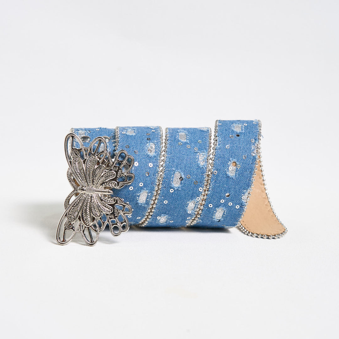 Cintura in pelle con fibbia a farfalla in denim da donna