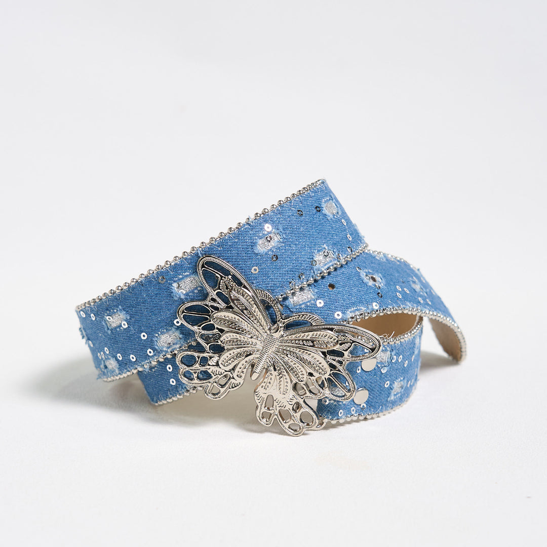 Cintura in pelle con fibbia a farfalla in denim da donna