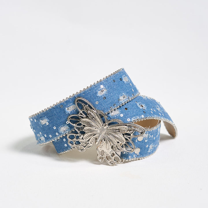 Cintura in pelle con fibbia a farfalla in denim da donna