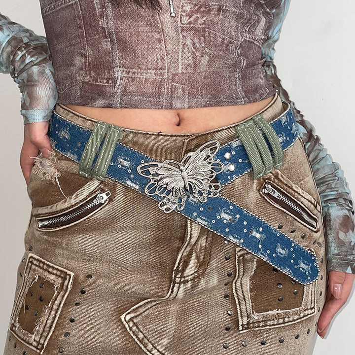 Cintura in pelle con fibbia a farfalla in denim da donna