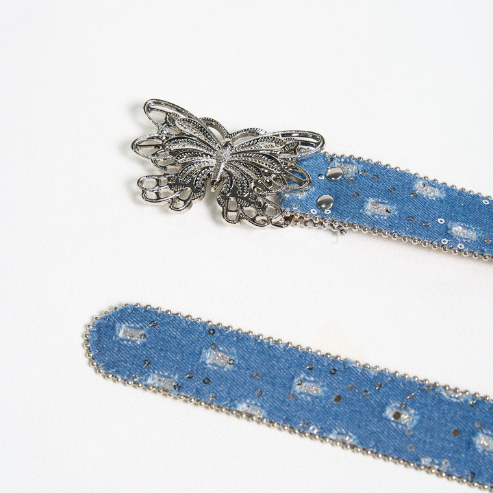 Cintura in pelle con fibbia a farfalla in denim da donna