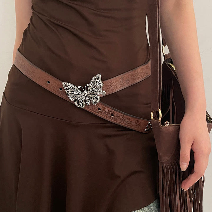 Cintura in pelle con chiusura a farfalla floreale in rilievo da donna, stile cowgirl