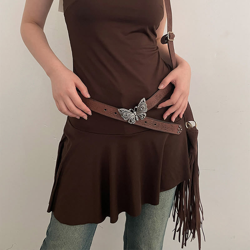 Cintura in pelle con chiusura a farfalla floreale in rilievo da donna, stile cowgirl