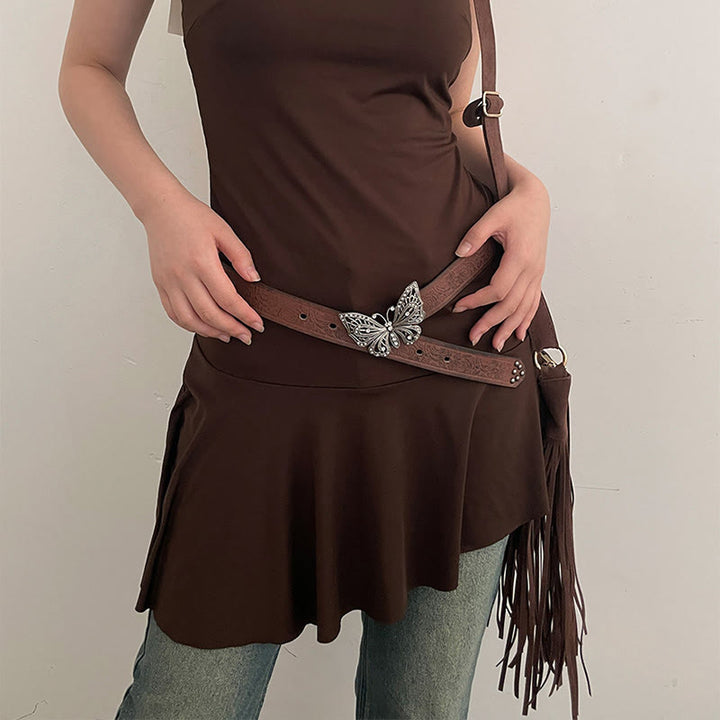 Cintura in pelle con chiusura a farfalla floreale in rilievo da donna, stile cowgirl