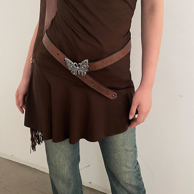 Cintura in pelle con chiusura a farfalla floreale in rilievo da donna, stile cowgirl