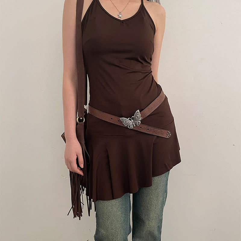 Cintura in pelle con chiusura a farfalla floreale in rilievo da donna, stile cowgirl