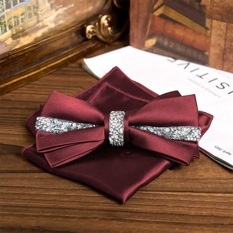 Set da uomo con papillon e fazzoletto da taschino in raso con strass scintillanti