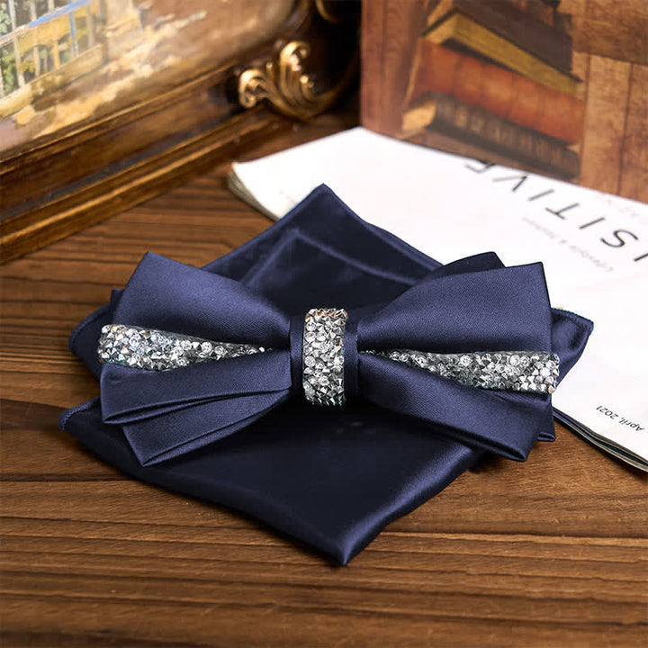 Set da uomo con papillon e fazzoletto da taschino in raso con strass scintillanti