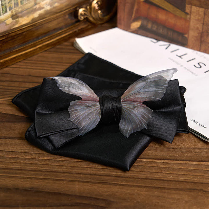 Set da taschino con papillon e fazzoletto da taschino a farfalla in organza vintage da uomo - Nero - Papillon + fazzoletto da taschino - image 5