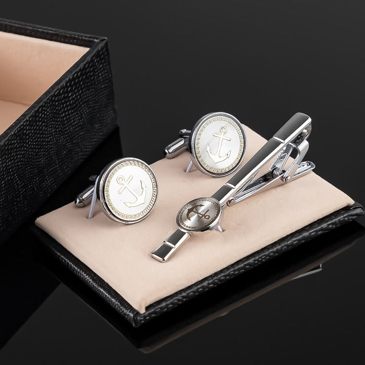 Set di gemelli con fermacravatta a forma di ancora per abito da sposa - Set fermacravatta+gemelli - image 0