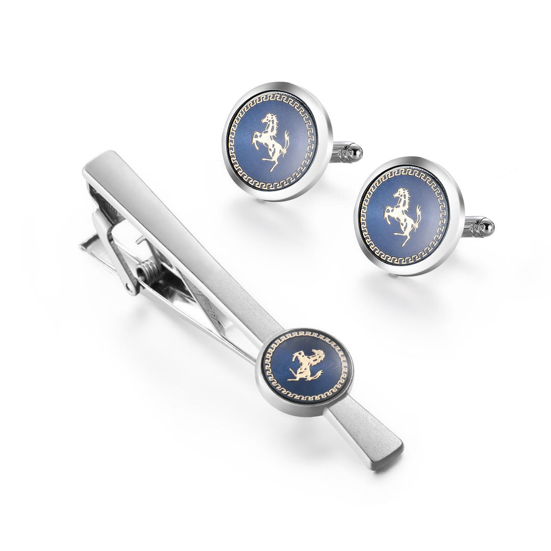 Set di gemelli con fermacravatta a forma di cavallo in corsa per abito da sposa - Set fermacravatta+gemelli - image 0