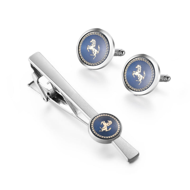 Set di gemelli con fermacravatta a forma di cavallo in corsa per abito da sposa - Set fermacravatta+gemelli - image 0