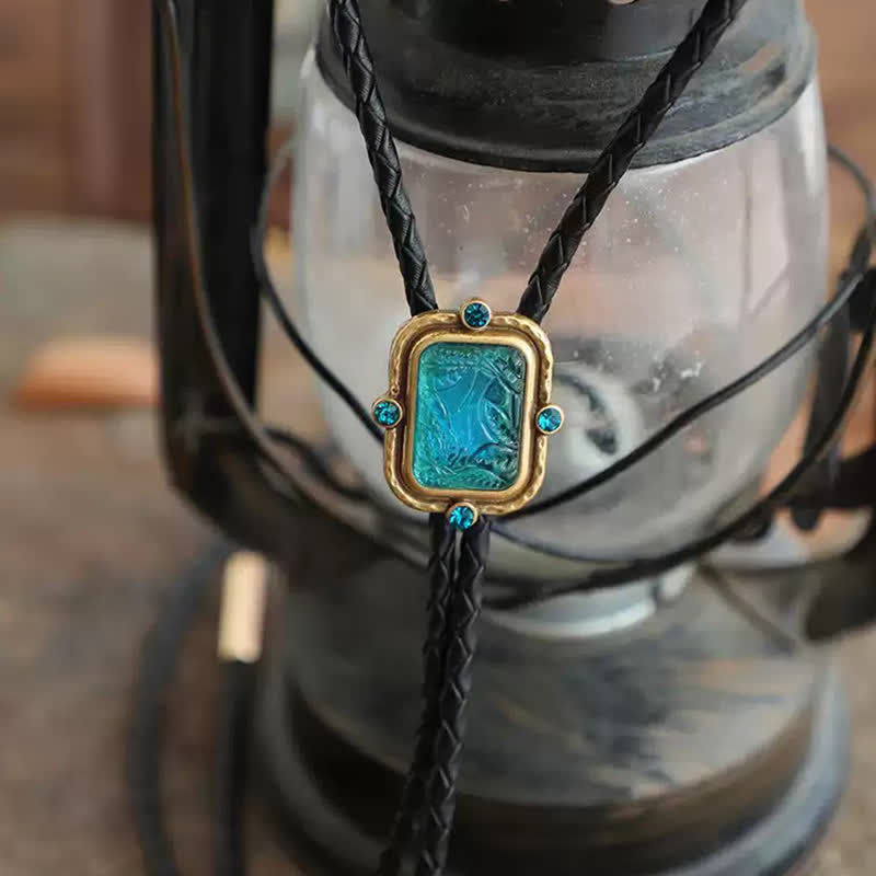 Cravatta Bolo in stile palazzo retrò con paesaggio marino blu e verde