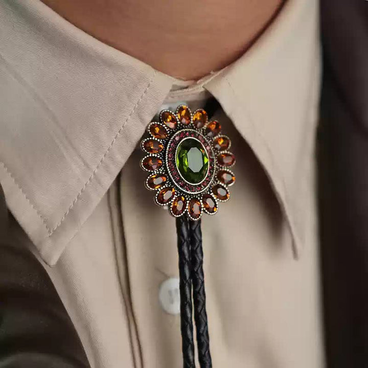 Cravatta Bolo con fiore di cristallo verde arancione solare