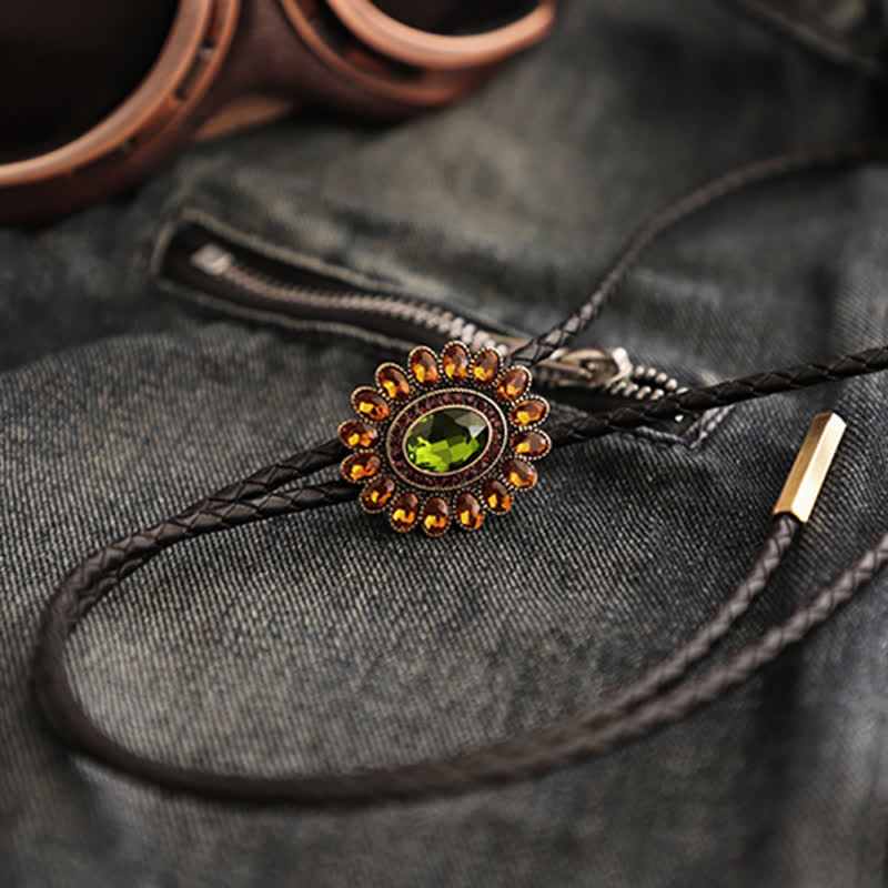 Cravatta Bolo con fiore di cristallo verde arancione solare