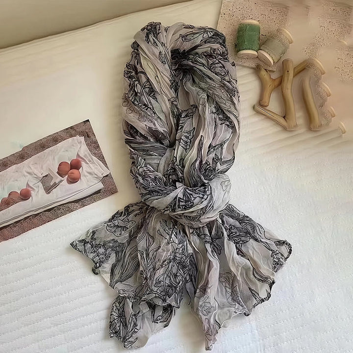 Sciarpa sottile in lino e cotone leggero con stampa floreale da donna
