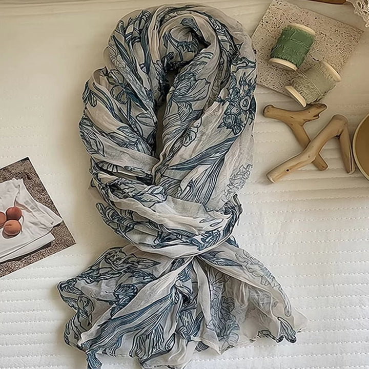 Sciarpa sottile in lino e cotone leggero con stampa floreale da donna