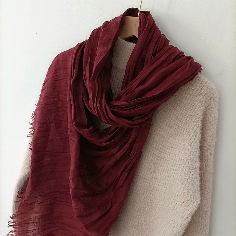Sciarpa sottile in lino di cotone leggero e tinta unita retrò da donna - Vino rosso - image 7