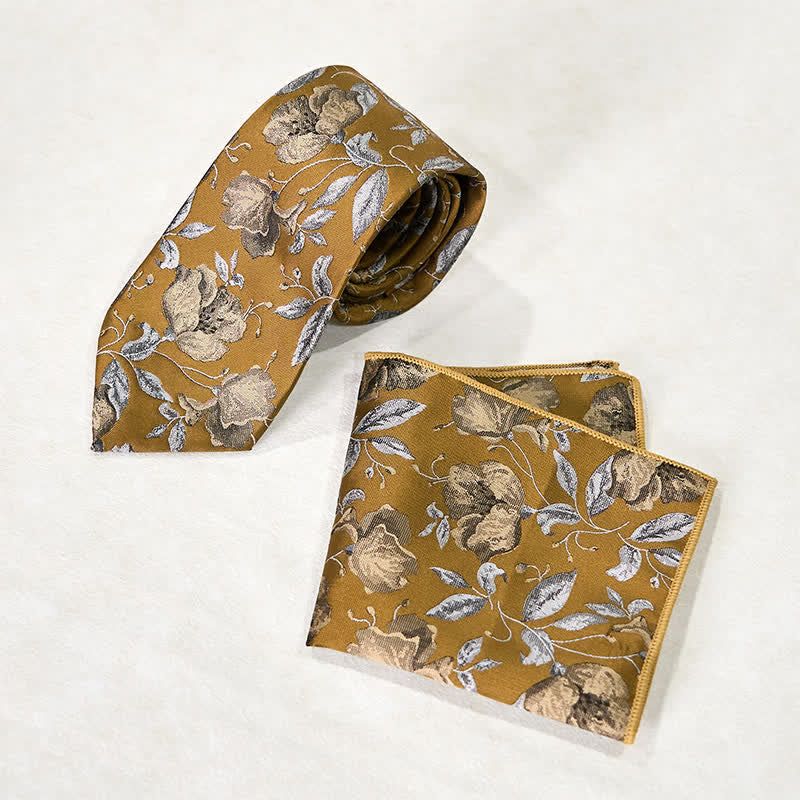 Cravatta da ufficio con stampa floreale elegante da uomo, fazzoletto da taschino
