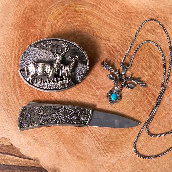 Set di fibbia per cintura con bandiera di cervo fai da te, coltello nascosto e ciondolo a forma di testa di alce