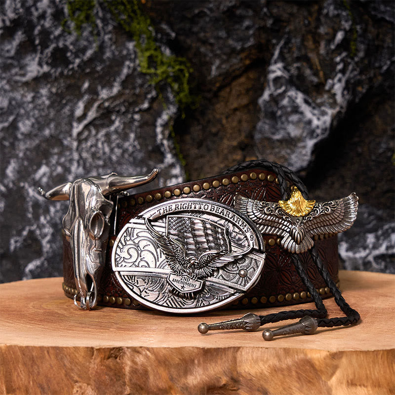 Fibbia per cintura fai da te con coltello nascosto e bandiera dell'aquila con set di cravatta bolo con aquila - Bandiera dell'Aquila - Cintura con rivetti marroni - 42 - image 7