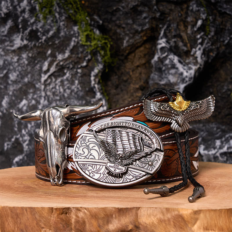 Fibbia per cintura fai da te con coltello nascosto e bandiera dell'aquila con set di cravatta bolo con aquila - Bandiera dell'Aquila - Cintura di piume marroni - 40 - image 0