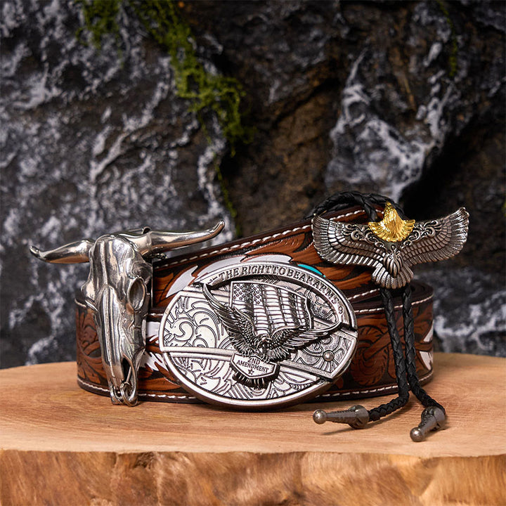 Fibbia per cintura fai da te con coltello nascosto e bandiera dell'aquila con set di cravatta bolo con aquila - Bandiera dell'Aquila - Cintura di piume marroni - 40 - image 0