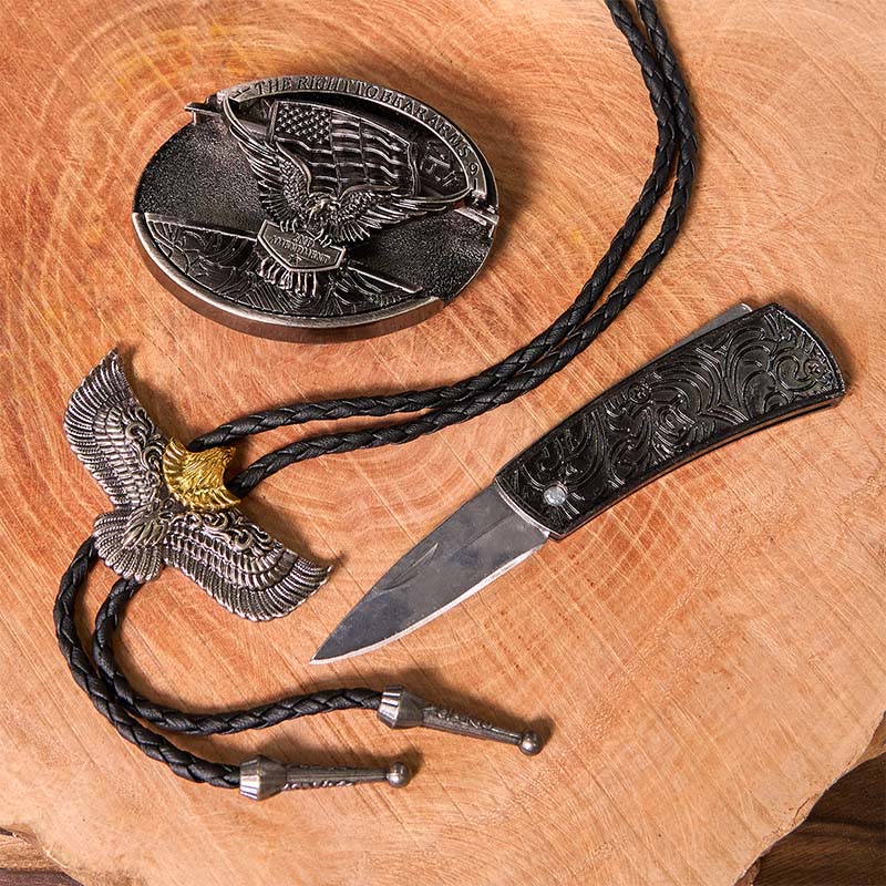 Fibbia per cintura fai da te con coltello nascosto e bandiera dell'aquila con set di cravatta bolo con aquila - image 3