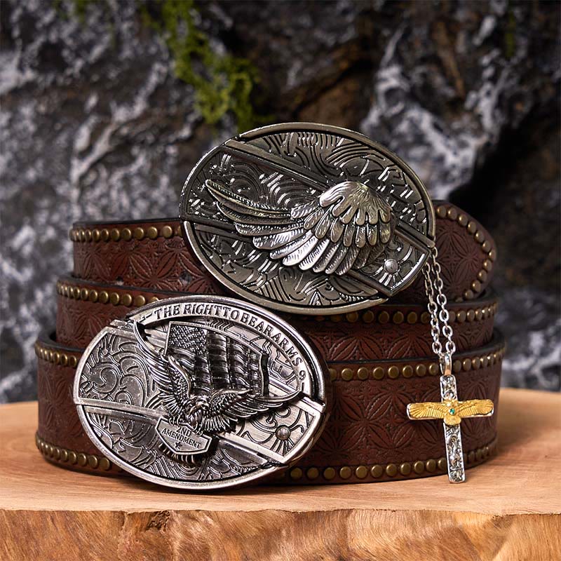 Set di cintura con fibbia fai da te con coltello nascosto e collana con croce d'aquila - Ali d'aquila - Cintura con rivetti marroni - 42 - image 5