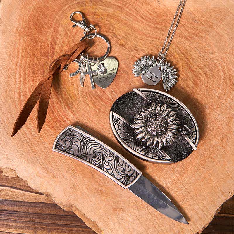 Set di portachiavi con fibbia per cintura, collana e coltello nascosto fai da te a forma di girasole occidentale