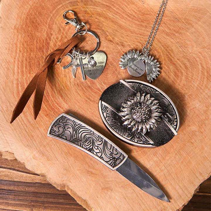 Set di portachiavi con fibbia per cintura, collana e coltello nascosto fai da te a forma di girasole occidentale