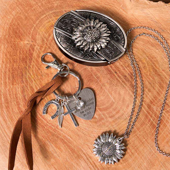 Set di portachiavi con fibbia per cintura, collana e coltello nascosto fai da te a forma di girasole occidentale
