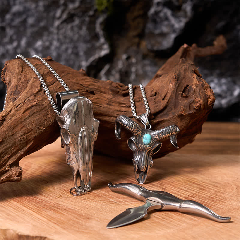Set di collane con ciondolo a forma di toro dalle corna lunghe e testa di ariete in turchese - Argento - image 3