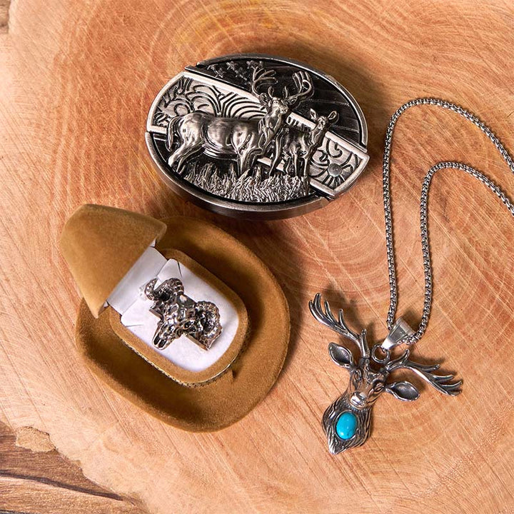 Set fai da te con fibbia per cintura con bandiera di cervo, coltello nascosto e anello fantasma di capra