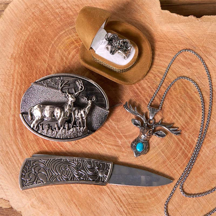 Set fai da te con fibbia per cintura con bandiera di cervo, coltello nascosto e anello fantasma di capra