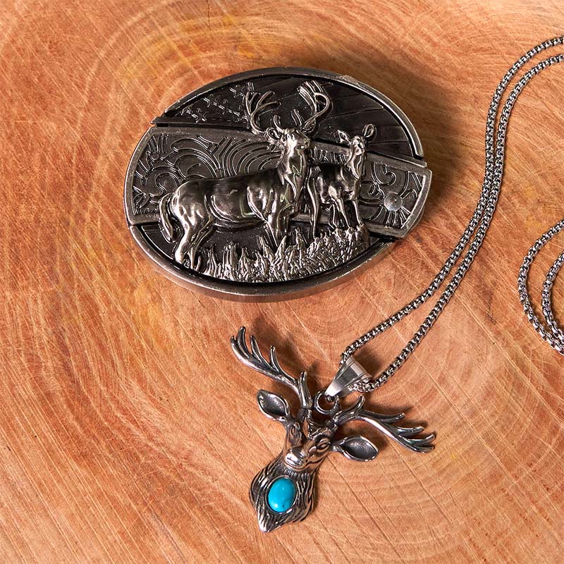 Set fai da te con fibbia per cintura con bandiera di cervo, coltello nascosto e anello fantasma di capra